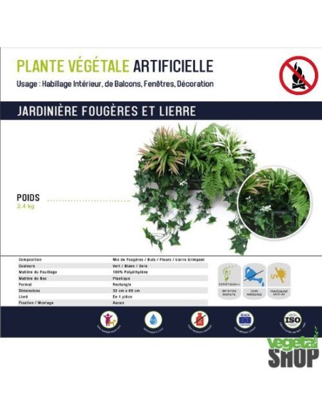 Jardinière végétaux artificiels10+1 gratuite ANTI UV Ignifugé L60cm vegetal shop